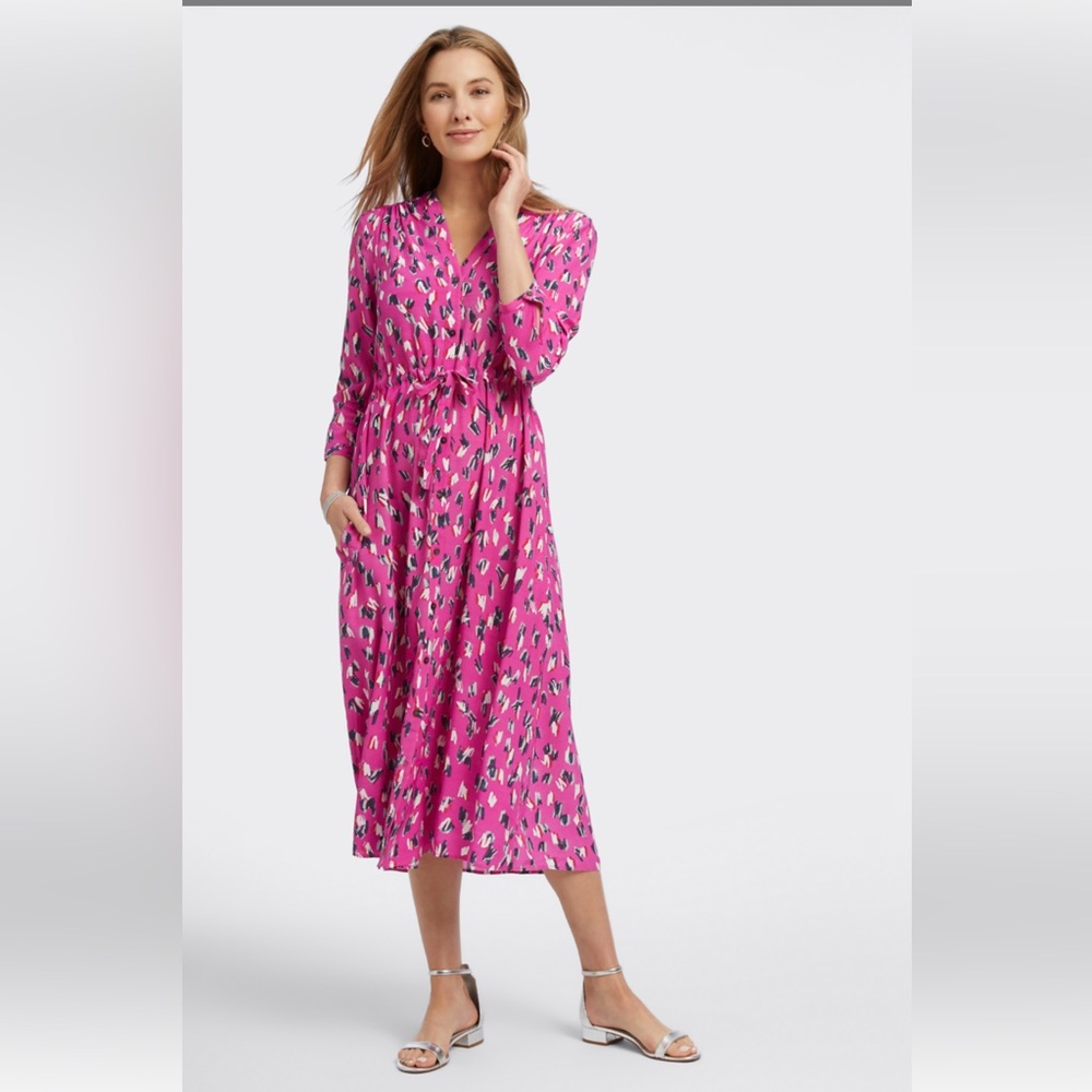 Nic+Zoe Pink Patterned Midi Dress Button Pockets Long Sleeve Size 1x